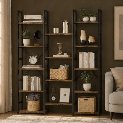 GoFurnitureHub Triple Column 5-Tier Bookcase – 14-Shelf Rustic Industrial Storage Bookshelf, Vintage