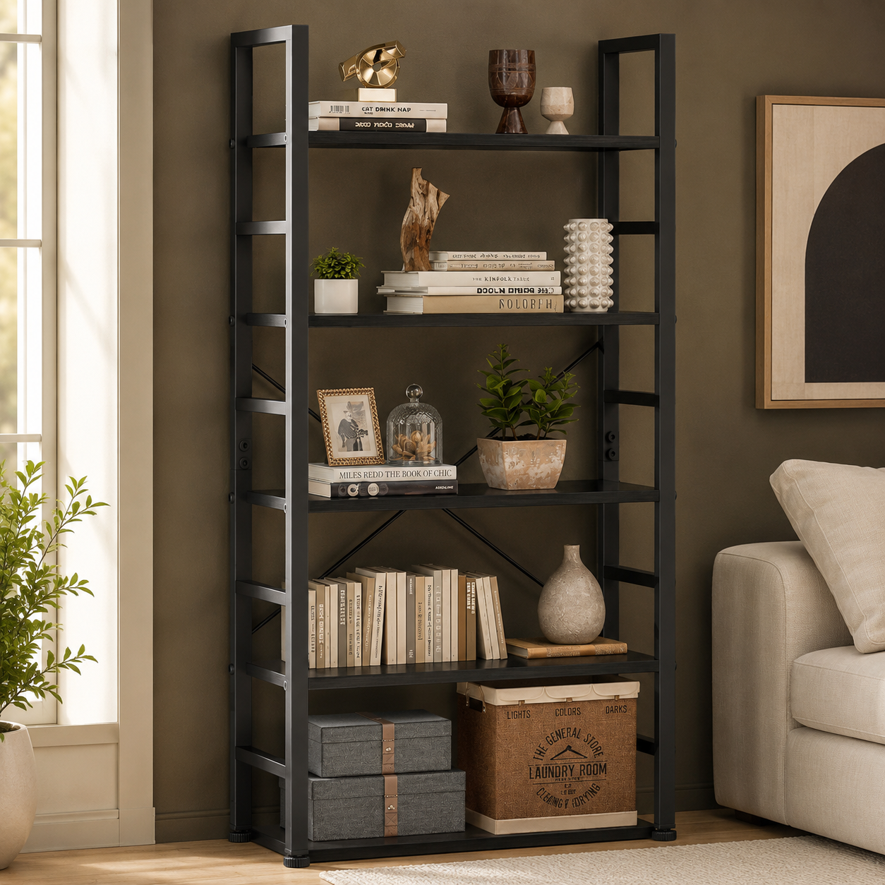GoFurnitureHub 5-Tier Open Bookcase – Modern Freestanding Display Shelf, Black