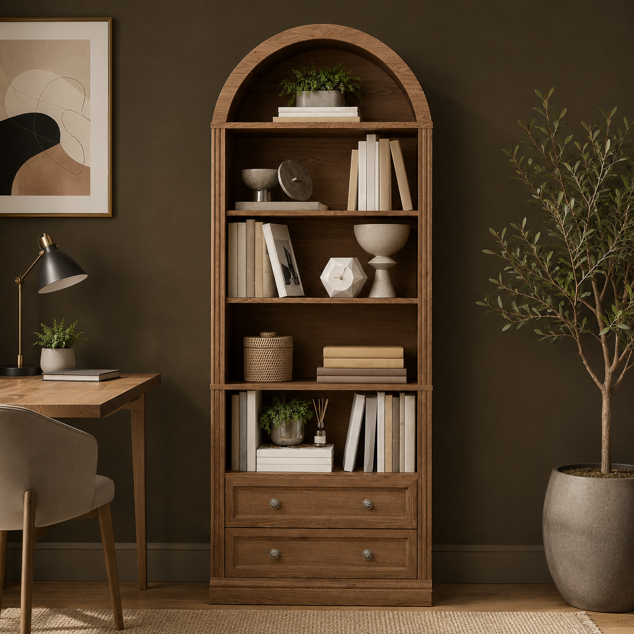 GoFurnitureHub 7-Tier Farmhouse Arched Bookshelf – Walnut Bookcase with 2 Drawers & Storage Cabinet