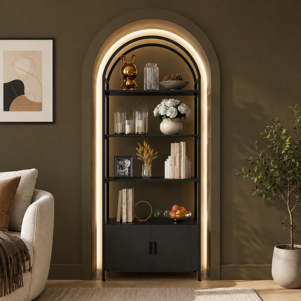 GoFurnitureHub 71" Arched Bookshelf with Storage Cabinet – Industrial 5-Tier Black Bookcase with Doors