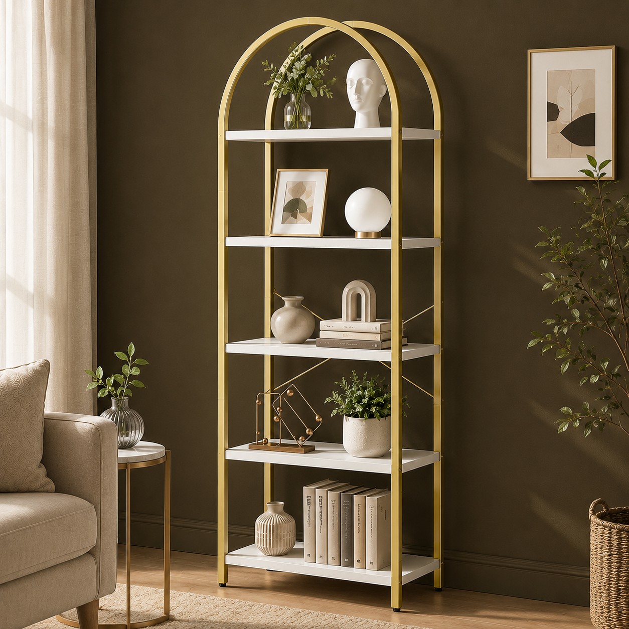 GoFurnitureHub 5-Tier Arched Bookshelf – White & Gold Modern Metal Display Bookcase for Living Room & Home Office