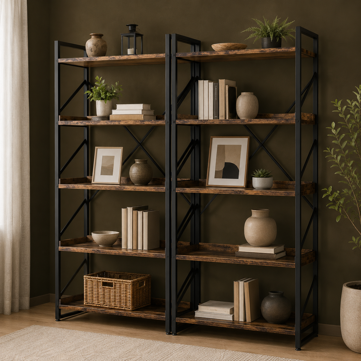 GoFurnitureHub 47.2" Industrial 5-Tier Bookshelf – Wide 10-Shelf Rustic Brown Bookcase with Metal Frame