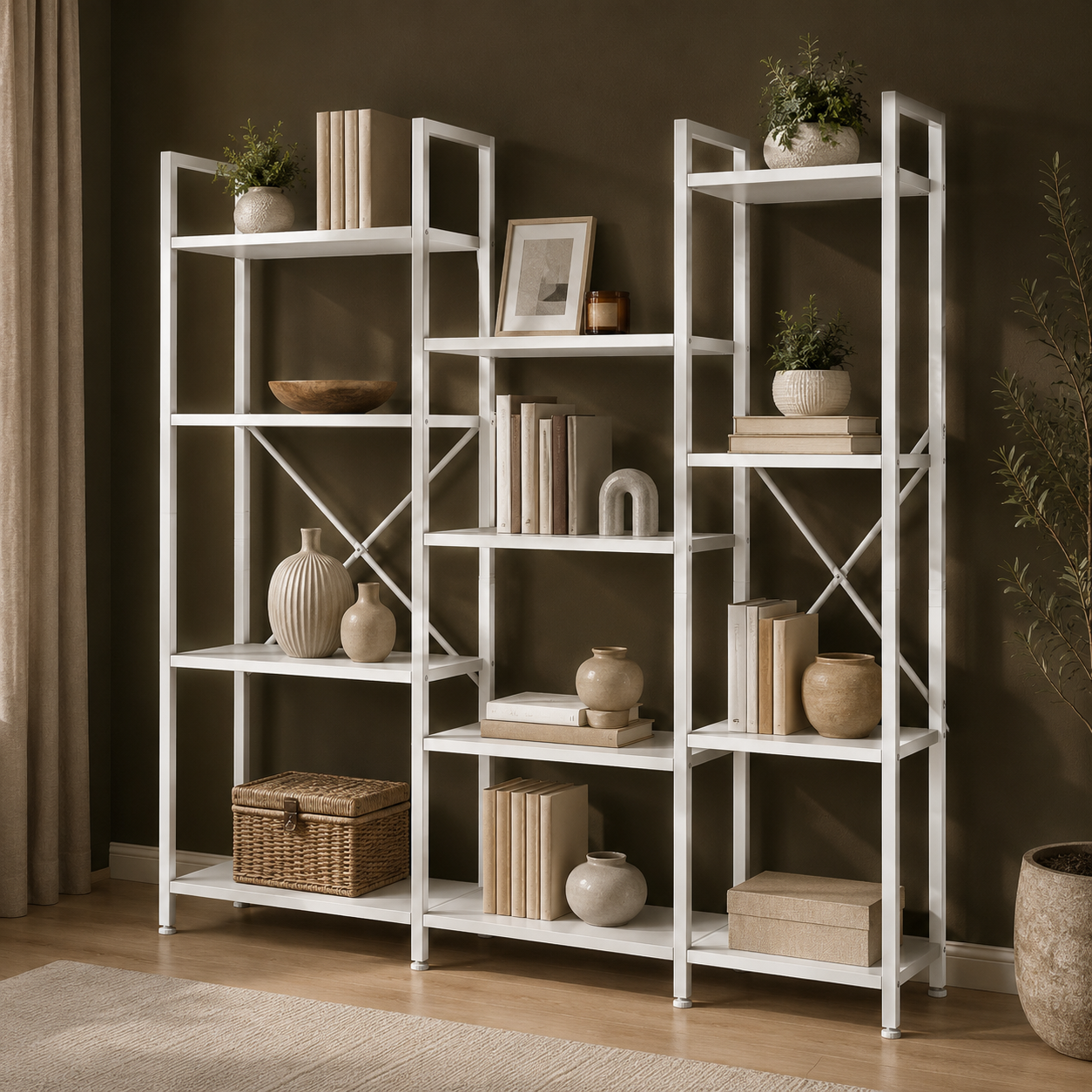 GoFurnitureHub 4-Tier Triple Bookshelf – Wide 11-Shelf White Bookcase for Home & Office