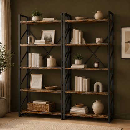 GoFurnitureHub Industrial 5-Tier Bookshelf Set of 2 – Rustic Brown Metal & Wood Display Shelves