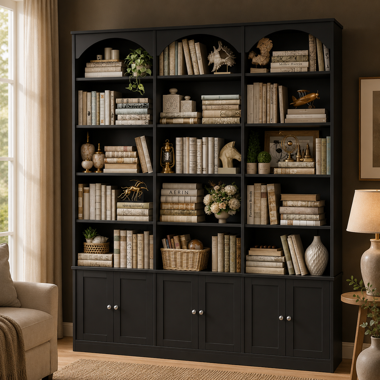 GoFurnitureHub 78" Arched Bookcase with Doors – 15-Shelf Wide Storage Cabinet, Black