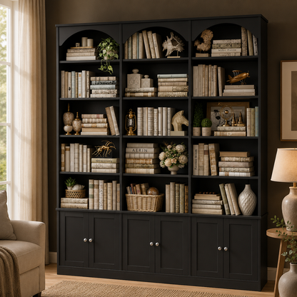 GoFurnitureHub 78" Arched Bookcase with Doors – 15-Shelf Wide Storage Cabinet, Black