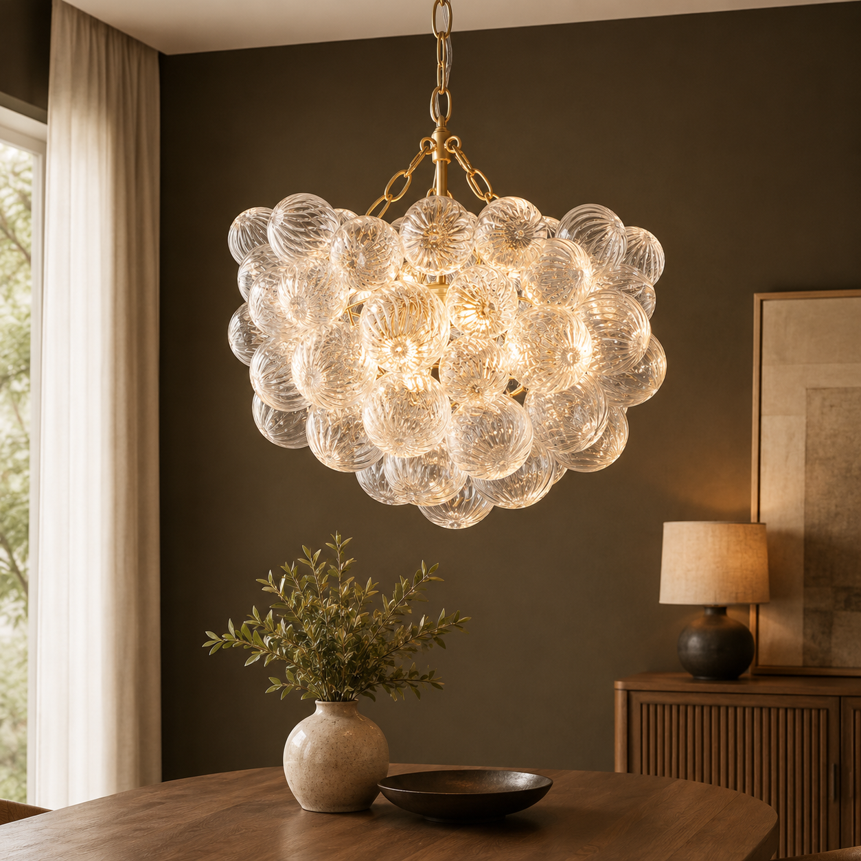 GoFurnitureHub 20" Gold Bubble Glass Chandelier – Hand-Blown Ribbed Glass Pendant Light for Dining Room & Foyer