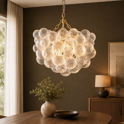 GoFurnitureHub 20" Gold Bubble Glass Chandelier – Hand-Blown Ribbed Glass Pendant Light for Dining Room & Foyer