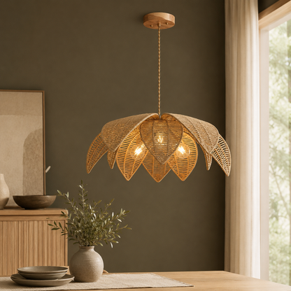 GoFurnitureHub 24" Boho Rattan Pendant Light – Handwoven Wicker Chandelier with Adjustable Hanging Cord