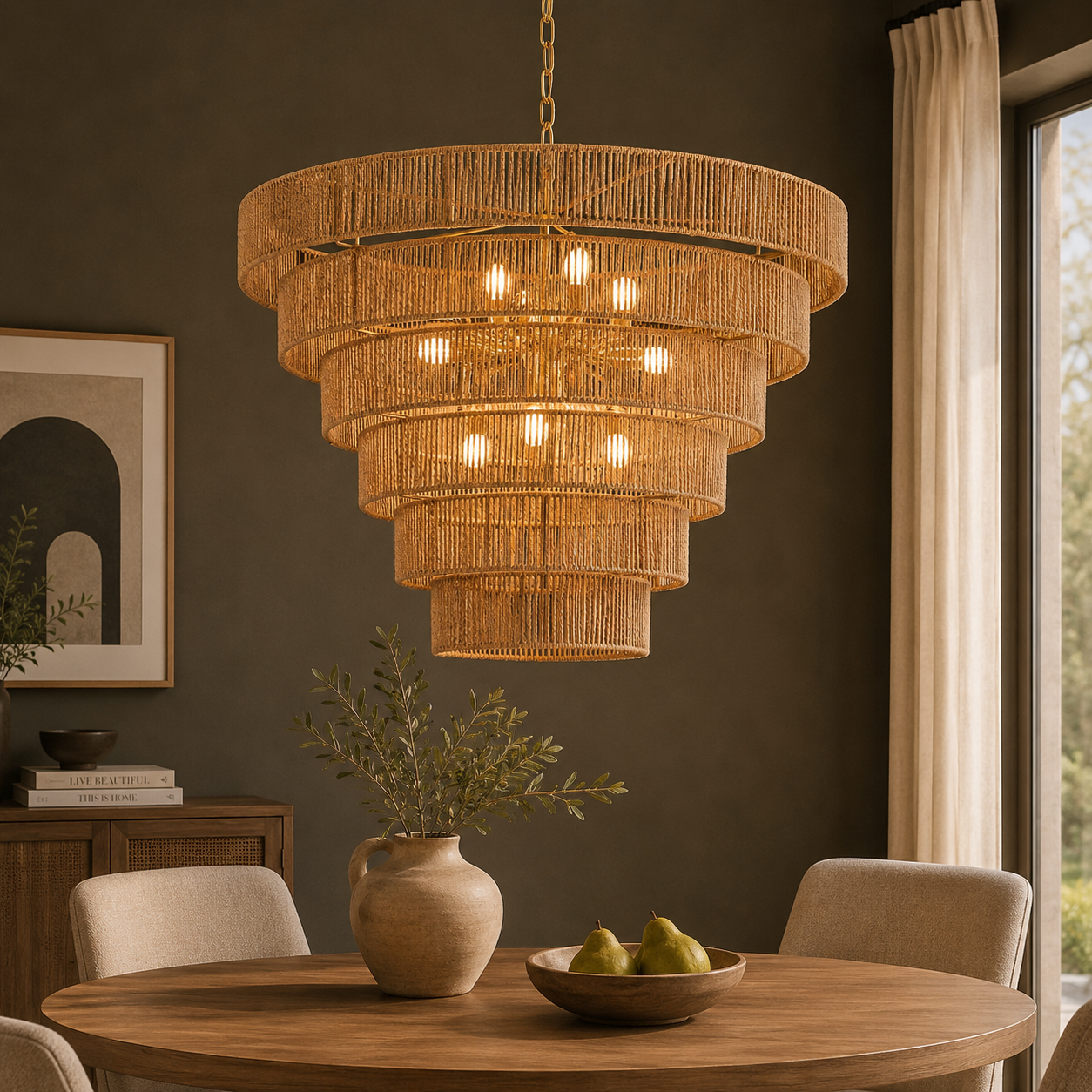 GoFurnitureHub 31.5" Large Gold Rattan Chandelier – 12-Light Handwoven Boho Farmhouse Drum Ceiling Light