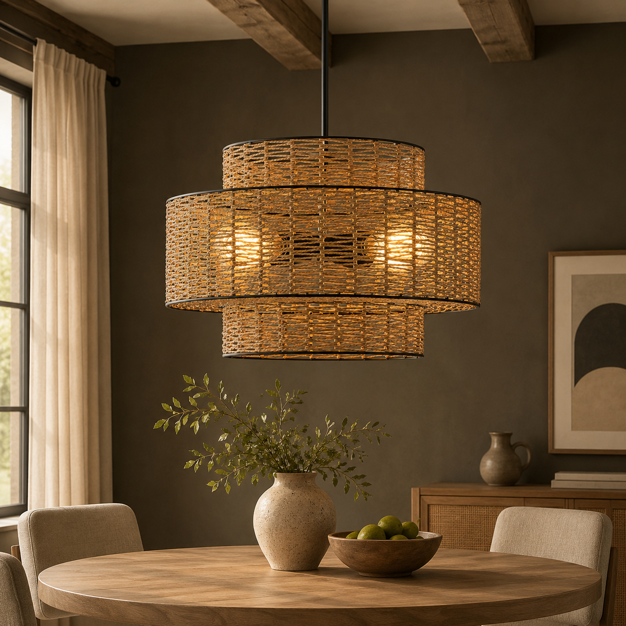 GoFurnitureHub Boho Bamboo Chandelier – Handwoven Rattan Farmhouse Ceiling Light, Black