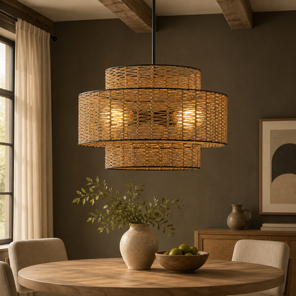GoFurnitureHub Boho Bamboo Chandelier – Handwoven Rattan Farmhouse Ceiling Light, Black