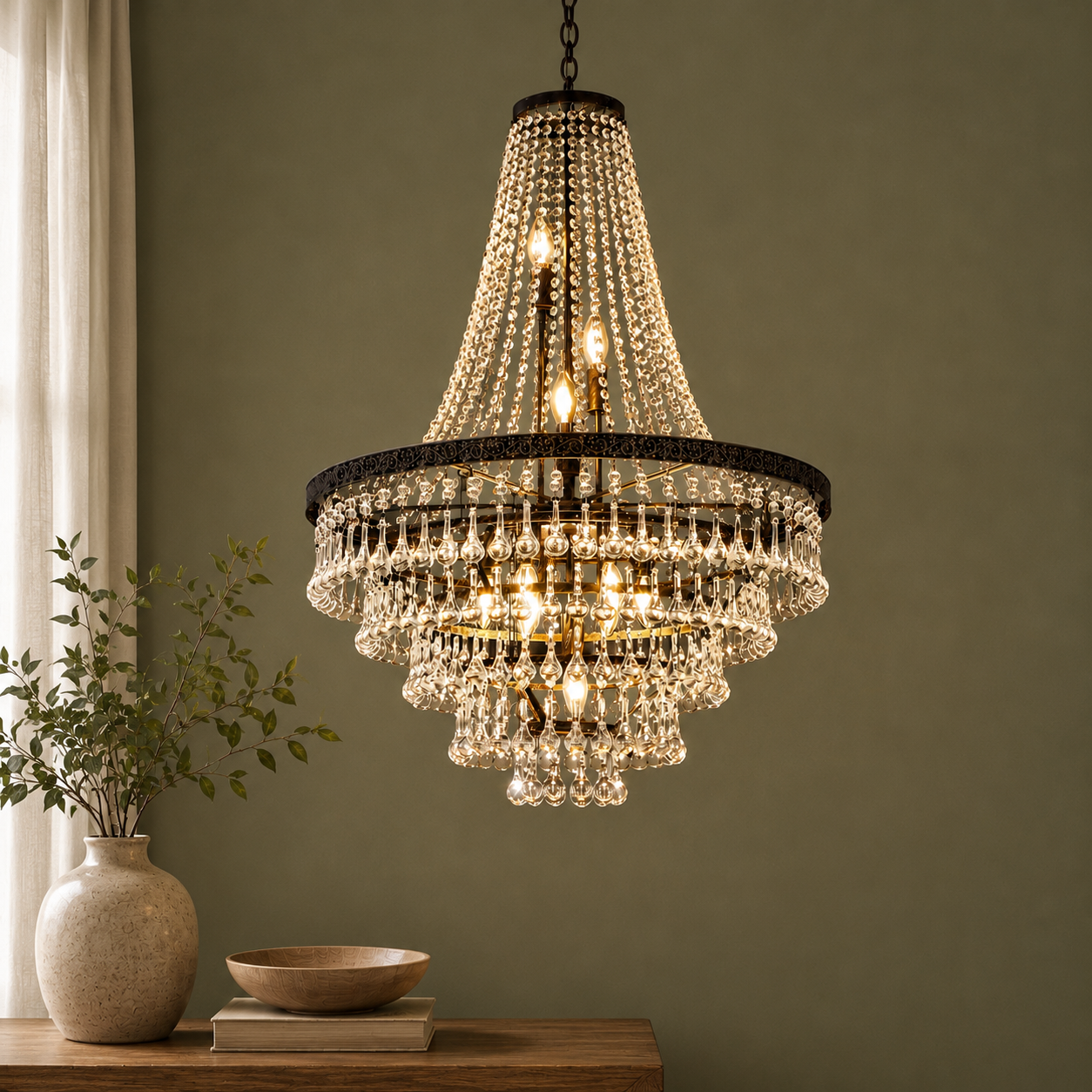 GoFurnitureHub Rustic Farmhouse Crystal Chandelier – 10-Light Bronze Finish