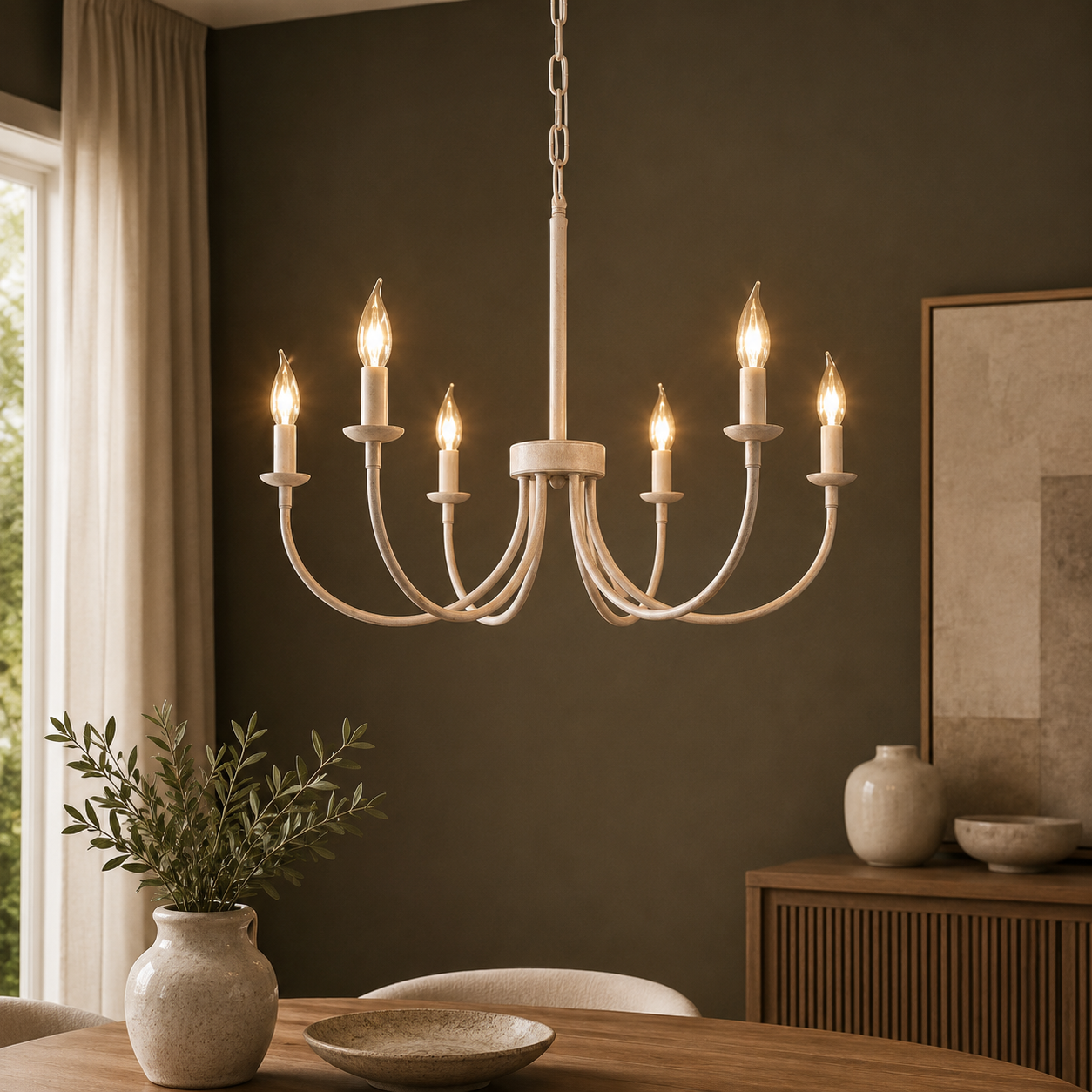 GoFurnitureHub 26" French Country 6-Light Farmhouse Chandelier – Antique White Candle Ceiling Light