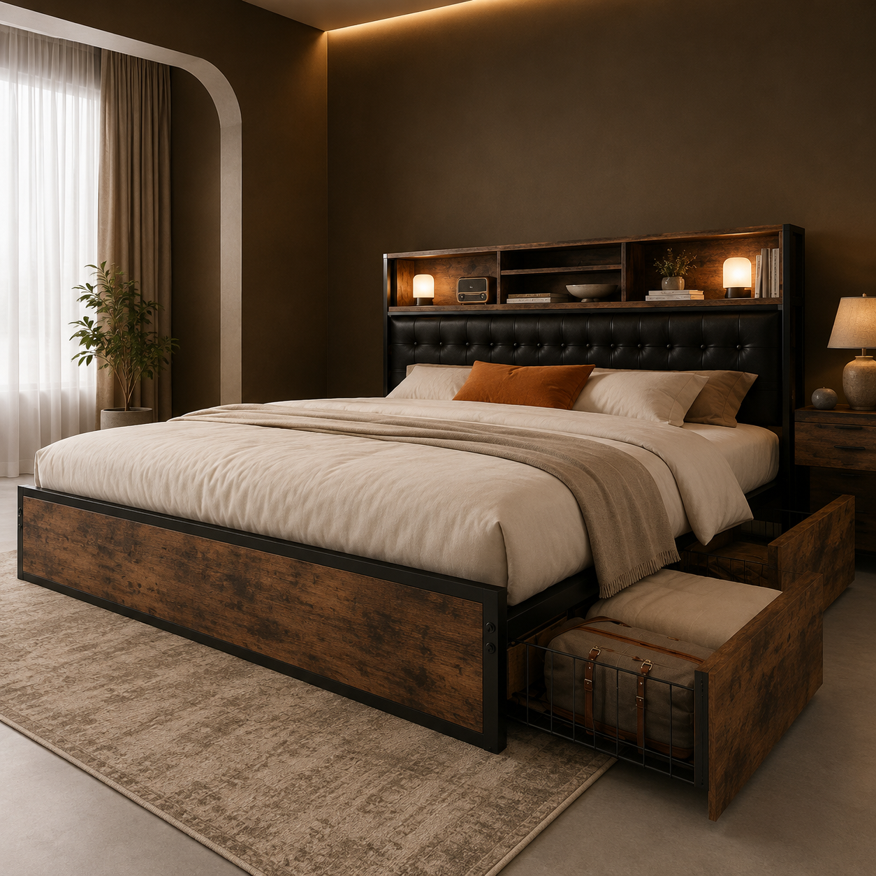 GoFurnitureHub Queen Bed Frame with Storage Drawers Charging Station Upholstered Headboard Heavy Duty Platform Bed Vintage Brown