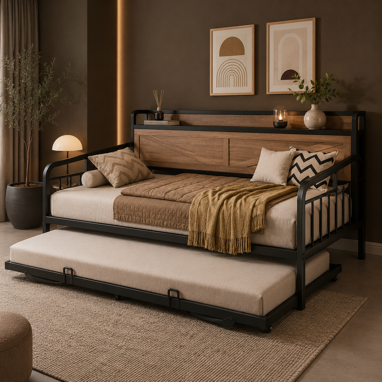 GoFurnitureHub Twin Daybed with Pop Up Trundle Charging Station Storage Shelf Wood Platform Bed Natural Finish