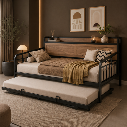 GoFurnitureHub Twin Daybed with Pop Up Trundle Charging Station Storage Shelf Wood Platform Bed Natural Finish