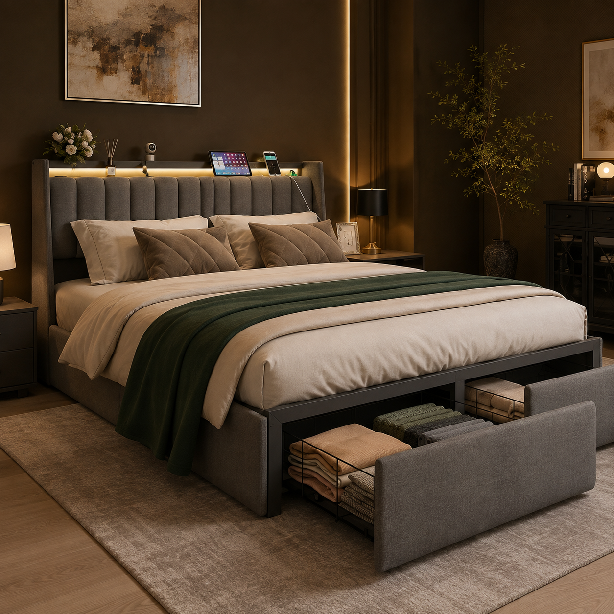 GoFurnitureHub Queen Bed Frame with Upholstered Storage Headboard LED Lights Charging Station Metal Platform Bed Gray