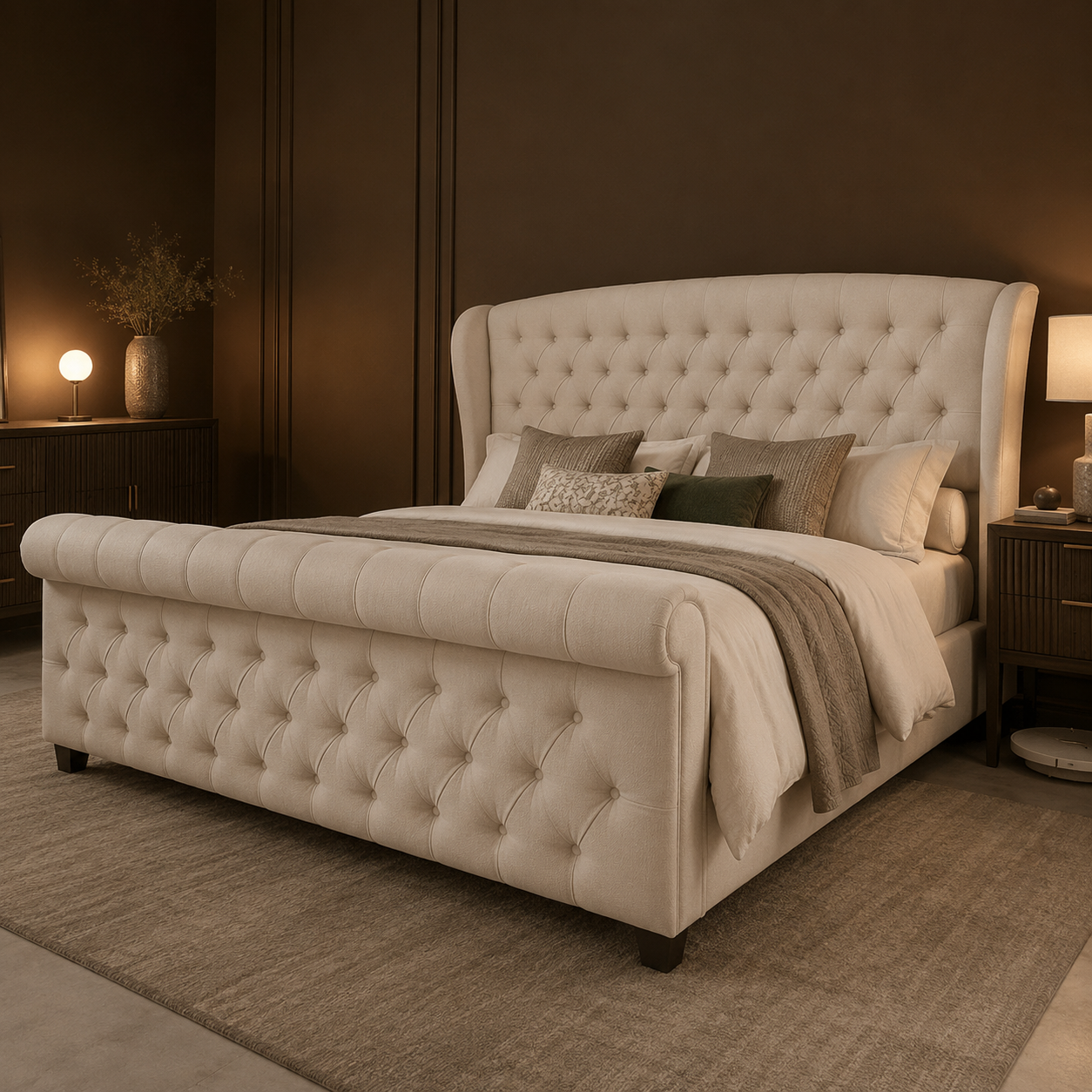 GoFurnitureHub King Upholstered Sleigh Platform Bed with Wingback Headboard Button Tufted Wood Slat Support Cream Chenille