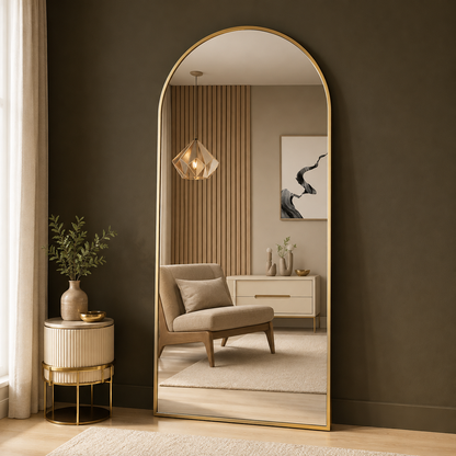 GoFurnitureHub 71" × 32" Gold Oversized Arched Full-Length Floor Mirror with Stand Large Aluminum Full-Body Mirror for Bedroom