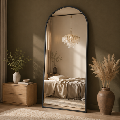 GoFurnitureHub 71" × 28" Black Arched Full-Length Floor Mirror with Aluminum Frame Freestanding