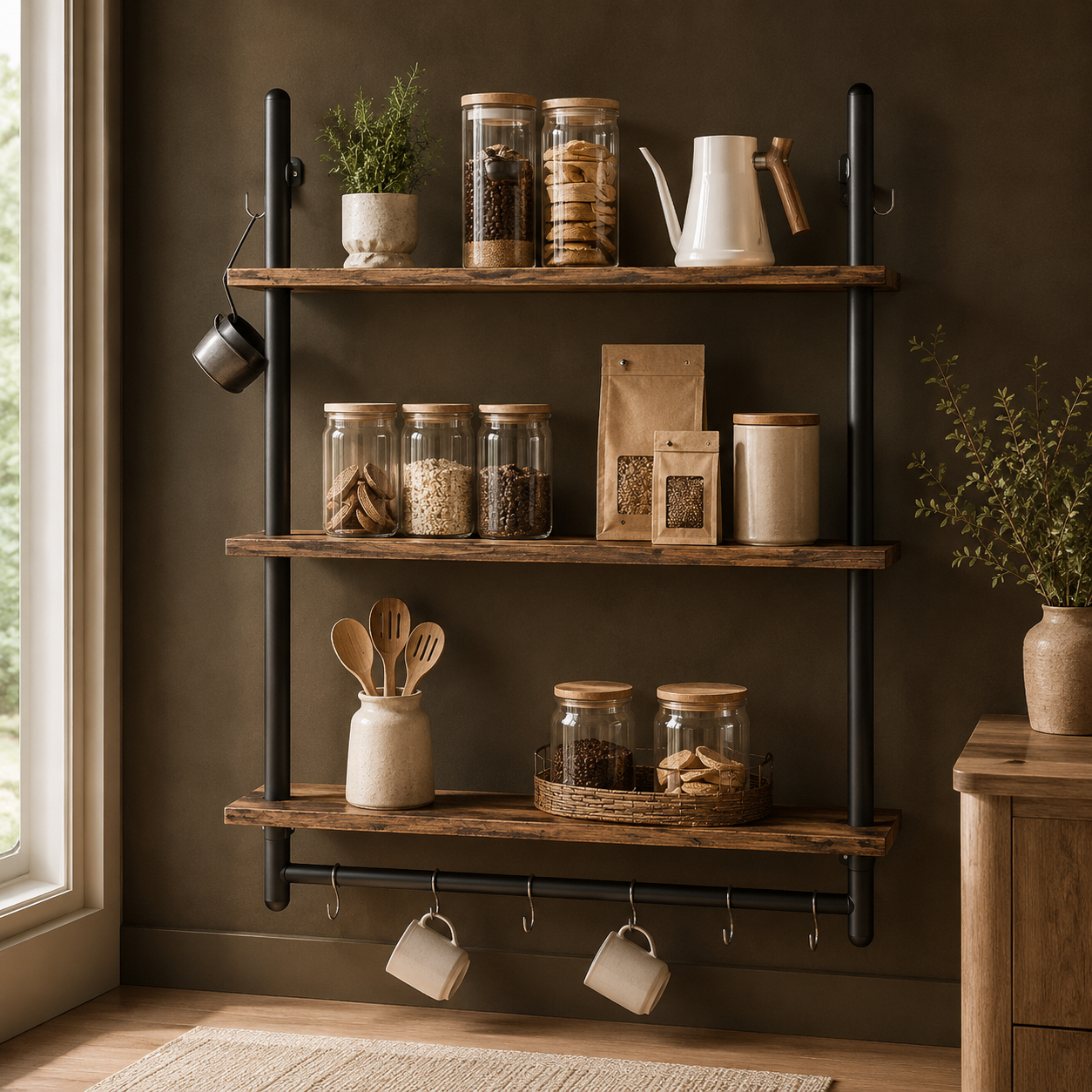 GoFurnitureHub 31.5" Rustic Brown 3-Tier Industrial Wall Shelves with Pipe Frame & Towel Bar