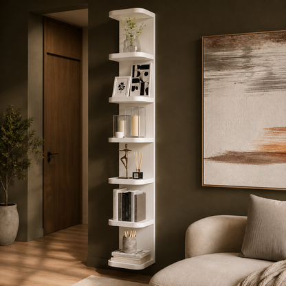 GoFurnitureHub White 7-Tier Vertical Wall Shelf with Curved Edges Floating Display & Storage Shelves for Bedroom, Vanity, Living Room & Books
