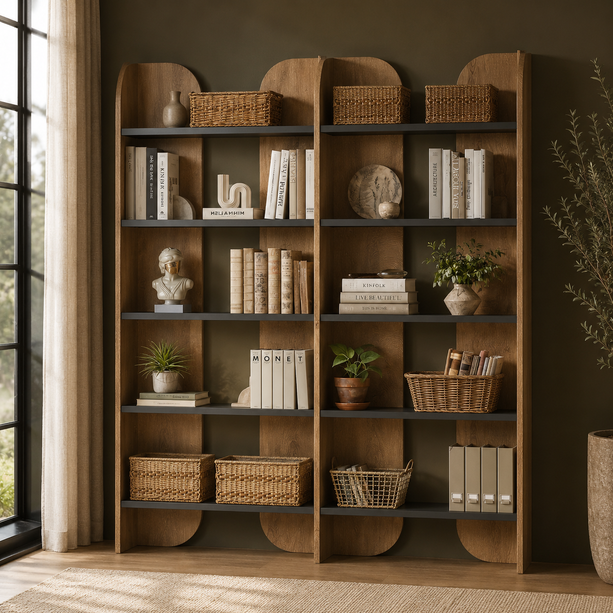GoFurnitureHub 70.87" Tall Farmhouse Bookcase – 5-Tier Double Wide Open Bookshelf, Brown