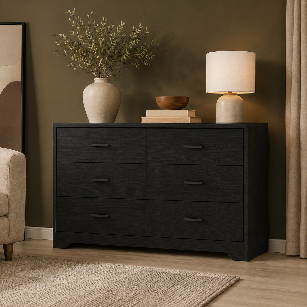 GoFurnitureHub Modern 6-Drawer Dresser – Wide Black Wooden Storage Chest for Bedroom & Living Room