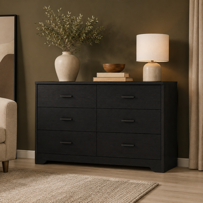 GoFurnitureHub Modern 6-Drawer Dresser – Wide Black Wooden Storage Chest for Bedroom & Living Room