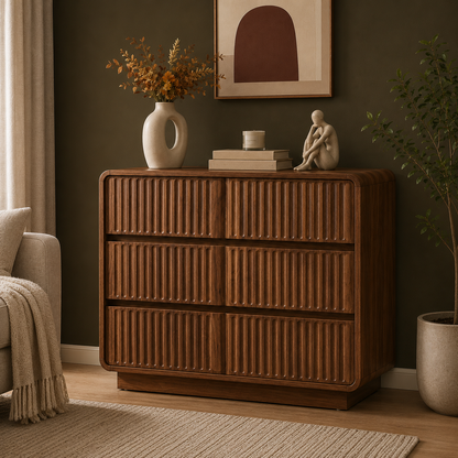 GoFurnitureHub 31.5" Mid-Century Modern 3-Drawer Dresser – Fluted Walnut Wood Storage Chest