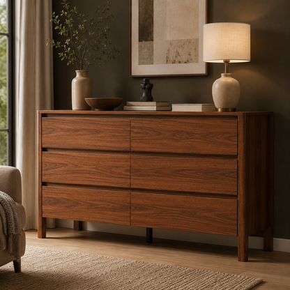 GoFurnitureHub 55" Mid-Century Modern 6-Drawer Dresser – Walnut Wood Storage Chest