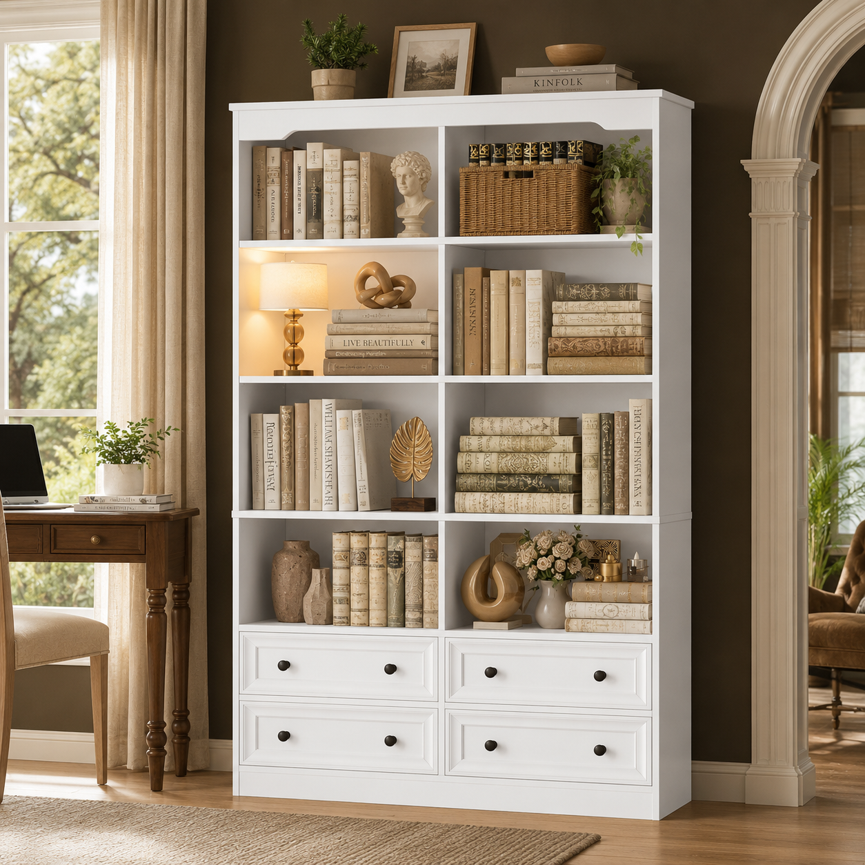 GoFurnitureHub 71" Double Wide 6-Tier Bookcase with 4 Drawers – Modern White Storage Bookshelf