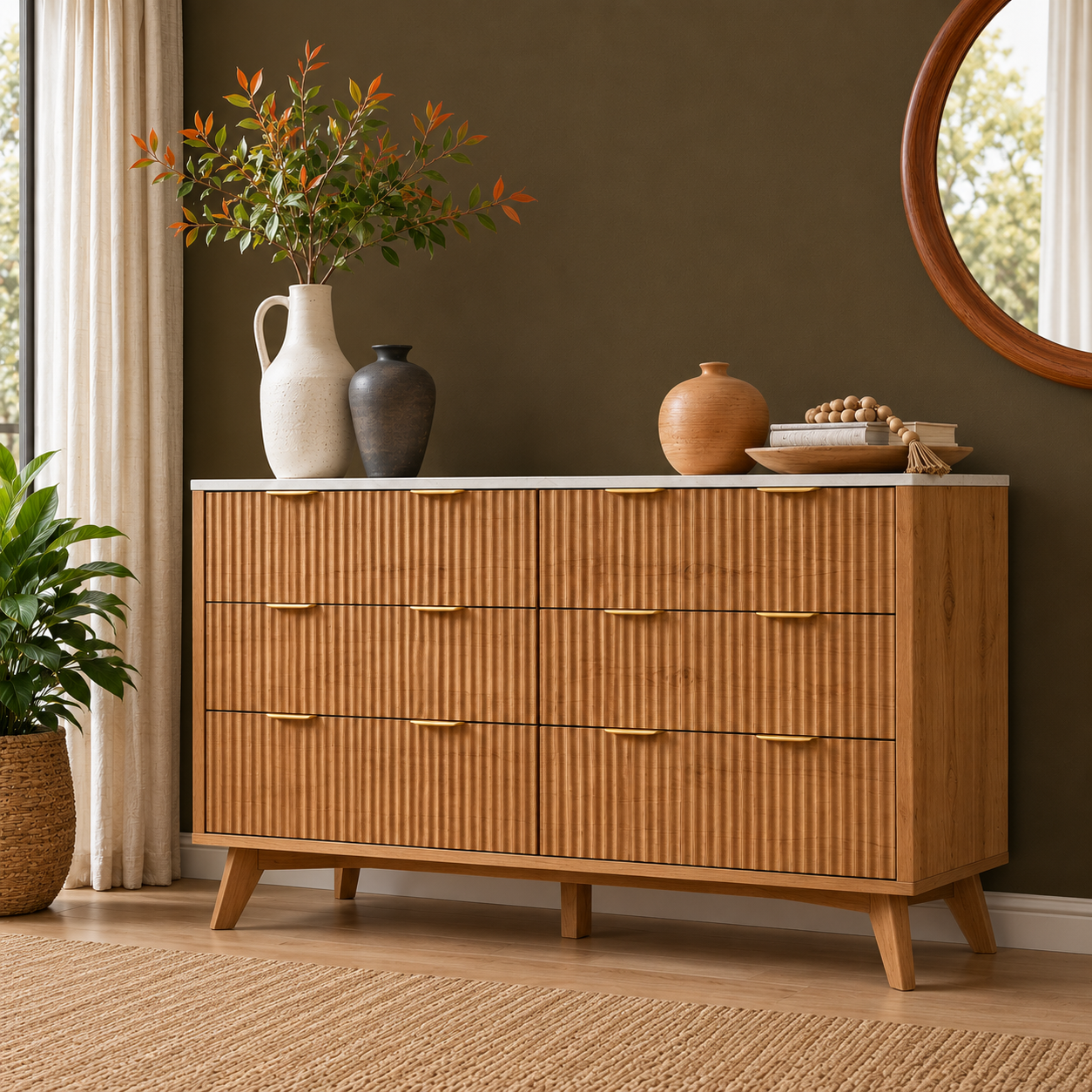 GoFurnitureHub 54" Fluted 6-Drawer Dresser with Faux Marble Top – Modern Natural Oak Storage Chest