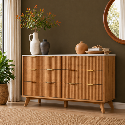 GoFurnitureHub 54" Fluted 6-Drawer Dresser with Faux Marble Top – Modern Natural Oak Storage Chest