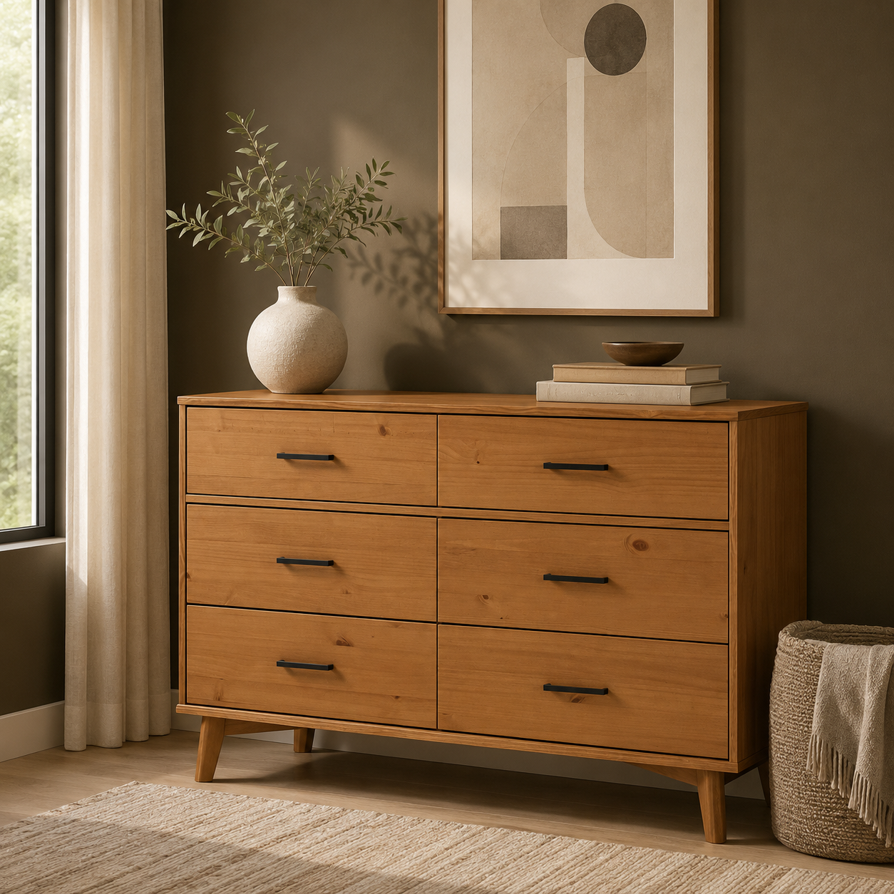 GoFurnitureHub 52" Solid Wood 6-Drawer Dresser – Mid-Century Modern Storage Chest, Caramel
