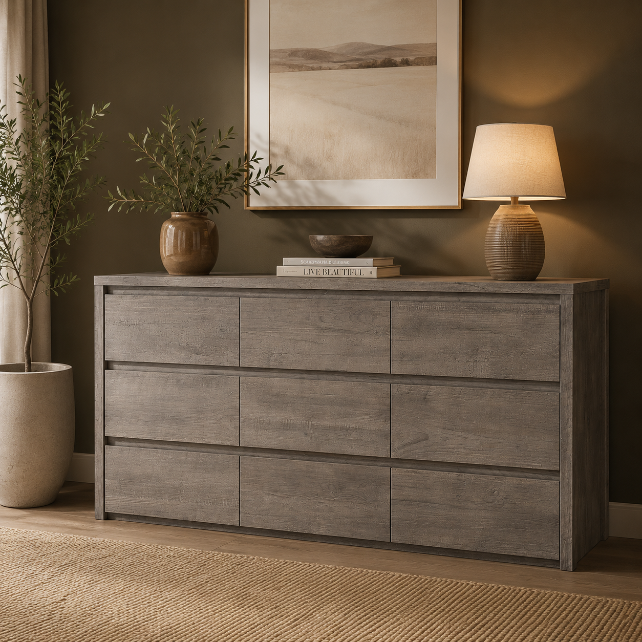 GoFurnitureHub 9-Drawer Wide Dresser – Modern Wood Storage Chest for Bedroom & Living Room