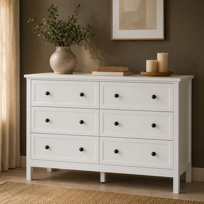 GoFurnitureHub 55" White 6-Drawer Dresser – Modern Wood Storage Chest with Metal Handles