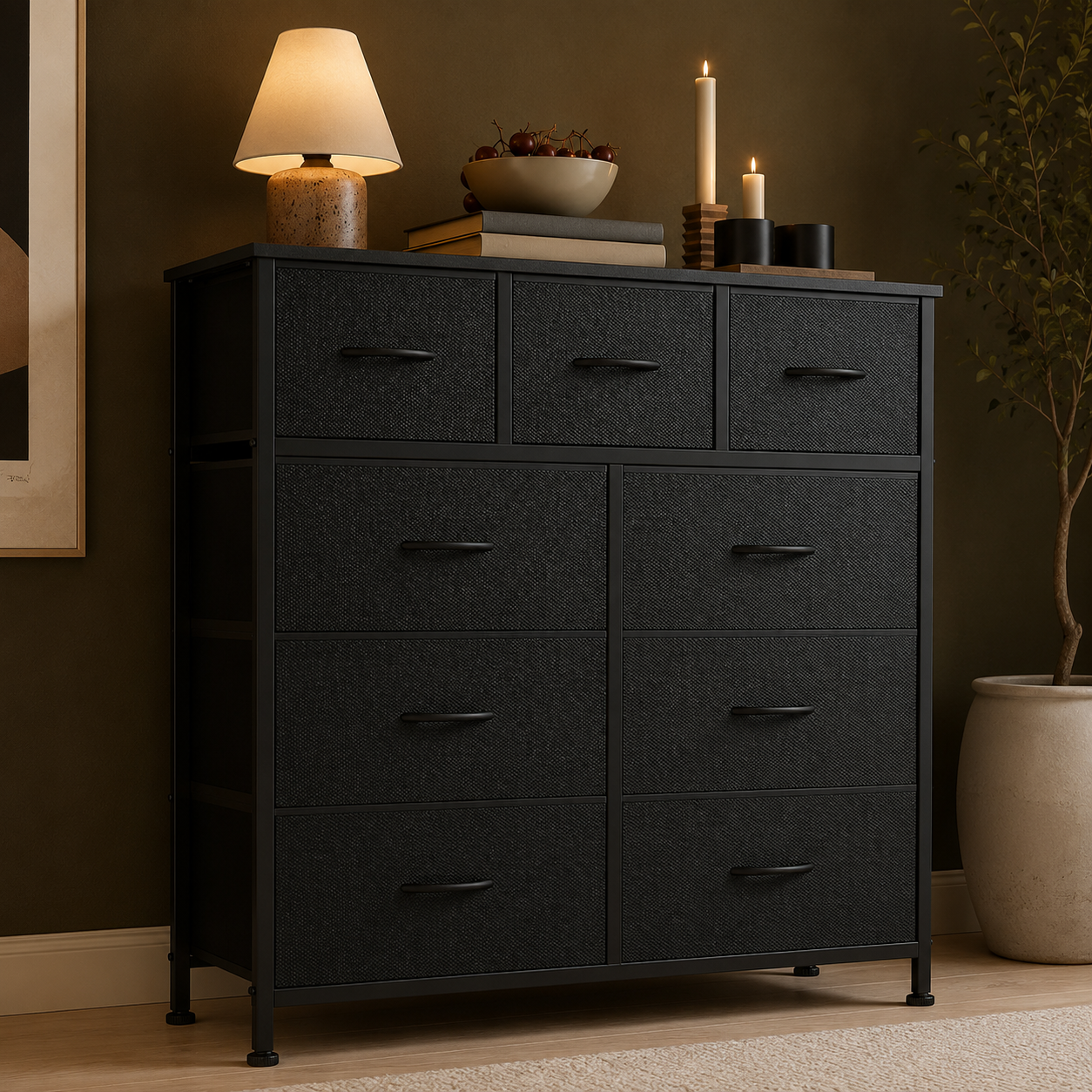 GoFurnitureHub 9-Drawer Fabric Dresser – Storage Tower with Wood Top & Steel Frame, Classic Black