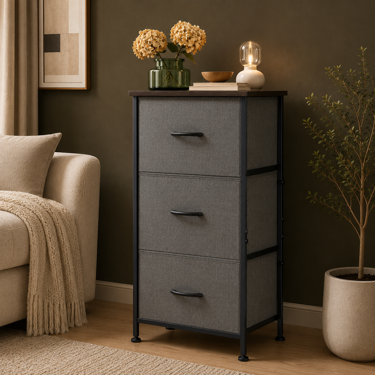 GoFurnitureHub 3-Drawer Fabric Dresser Nightstand – Dark Grey Storage Organizer with Wood Top & Steel Frame