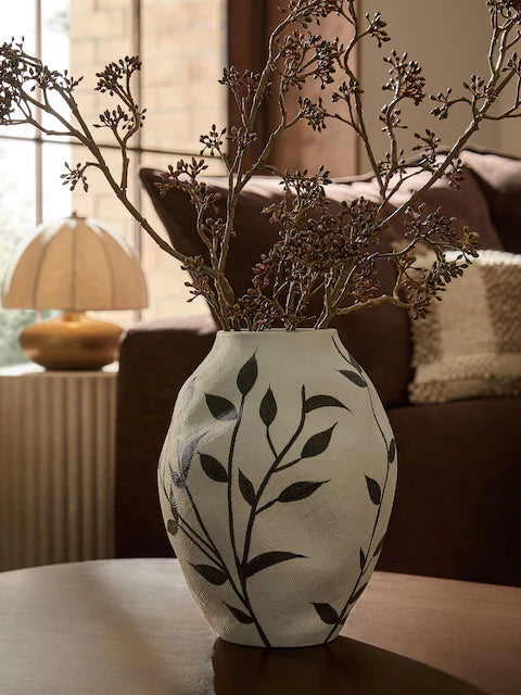 Botanical Leaf Ceramic Decorative Vase – White & Black Floral Accent Vase