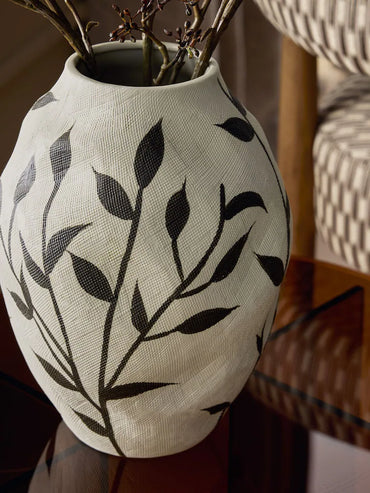 Botanical Leaf Ceramic Decorative Vase – White & Black Floral Accent Vase