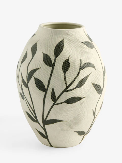Botanical Leaf Ceramic Decorative Vase – White & Black Floral Accent Vase