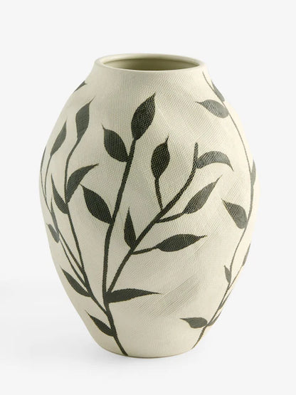 Botanical Leaf Ceramic Decorative Vase – White & Black Floral Accent Vase