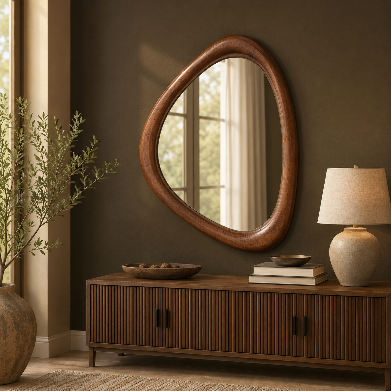 GoFurnitureHub 15" Asymmetrical Wood Wall Mirror – Modern Irregular Decorative Mirror, Black Walnut