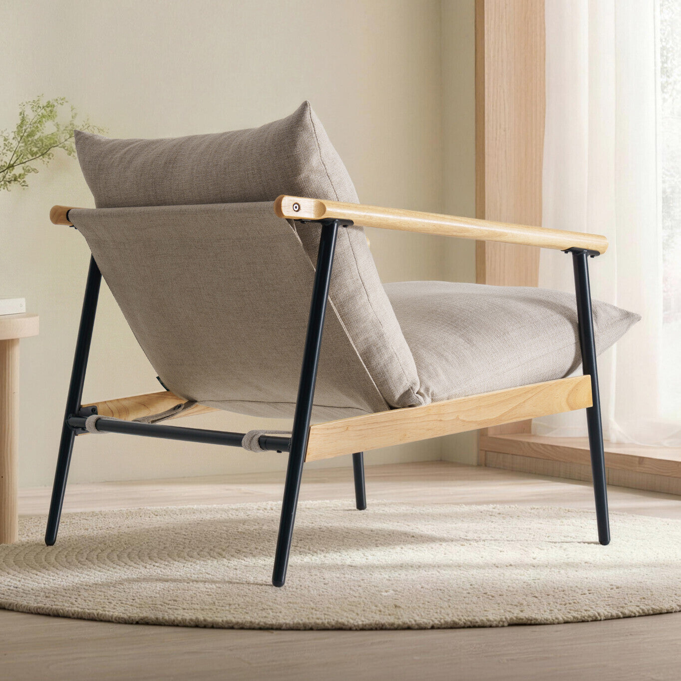 Primrose Modern Accent Chair with Rubberwood Arms & Metal Frame – Beige