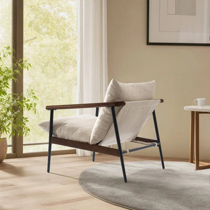Primrose Modern Accent Chair with Rubberwood Arms & Metal Frame – Beige