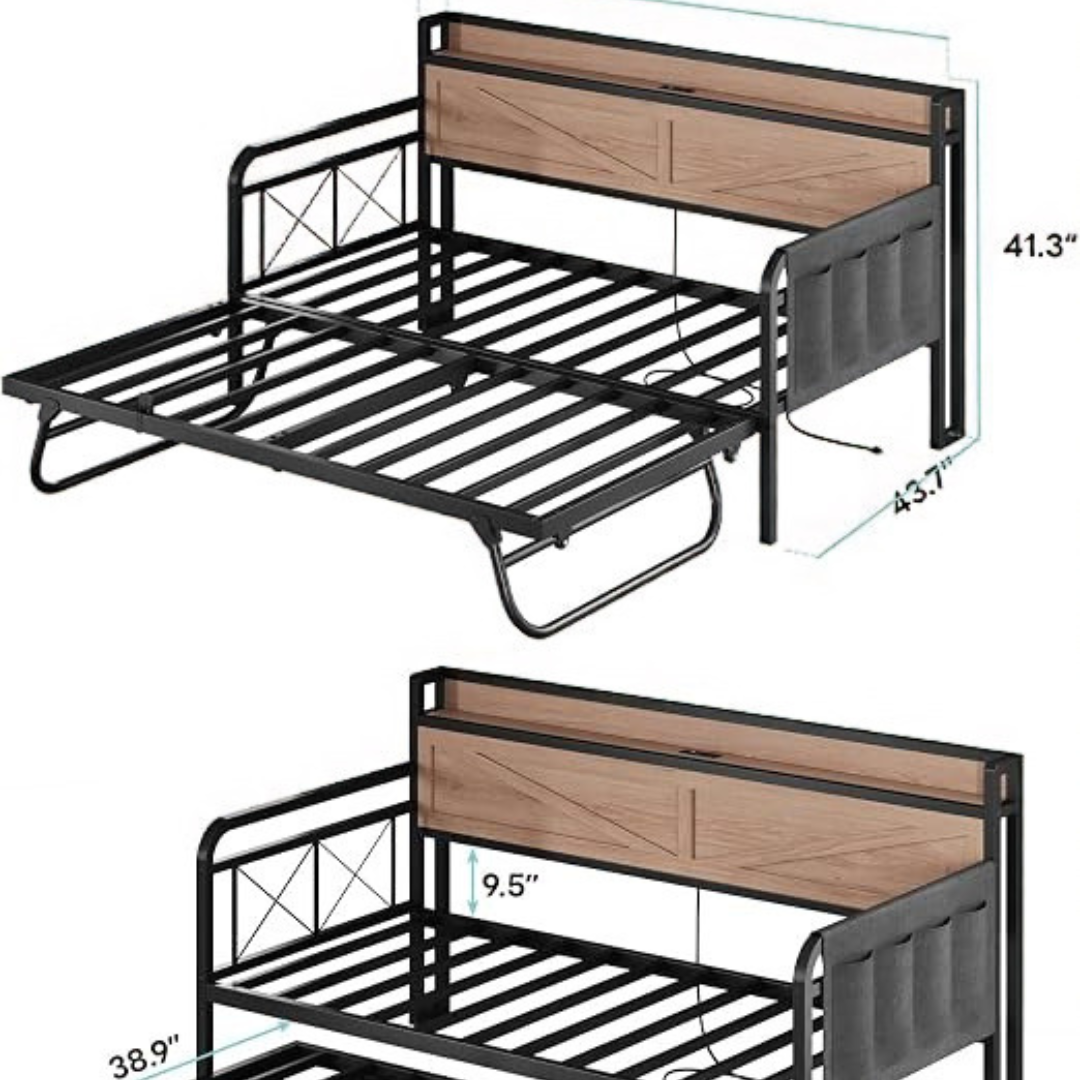 GoFurnitureHub Twin Daybed with Pop Up Trundle Charging Station Storage Shelf Wood Platform Bed Natural Finish