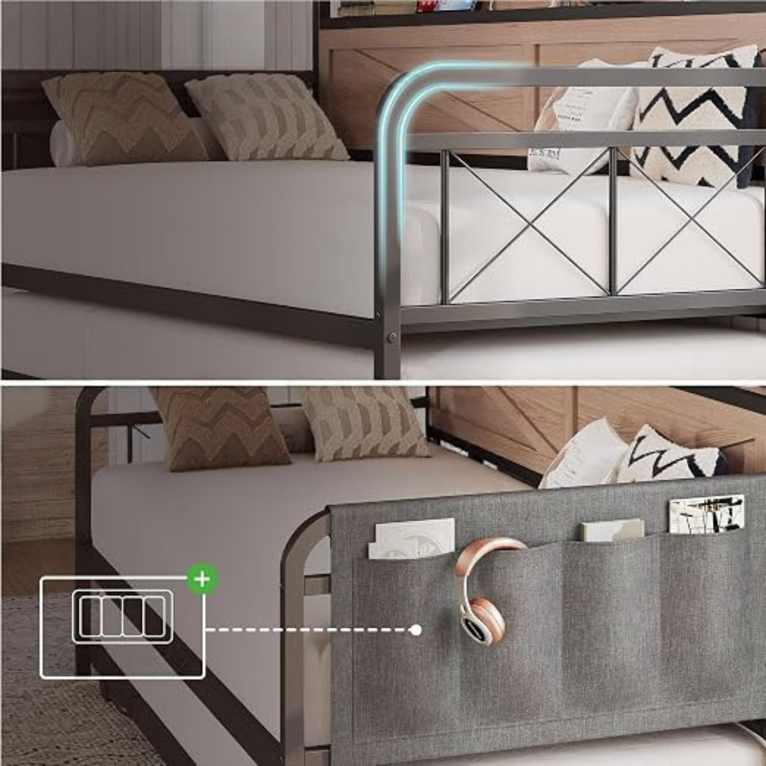 GoFurnitureHub Twin Daybed with Pop Up Trundle Charging Station Storage Shelf Wood Platform Bed Natural Finish