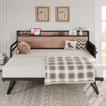 GoFurnitureHub Twin Daybed with Pop Up Trundle Charging Station Storage Shelf Wood Platform Bed Natural Finish